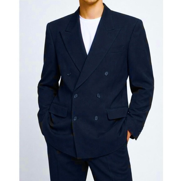 Yves Saint Laurent Pour Homme Dk Navy Blue Wool Blend Double Breasted Blazer L52